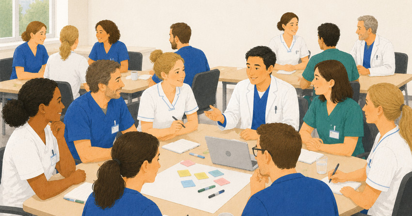 Illustration av vårdpersonal som diskuterar cancerplanen