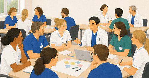 Illustration av vårdpersonal som diskuterar cancerplanen